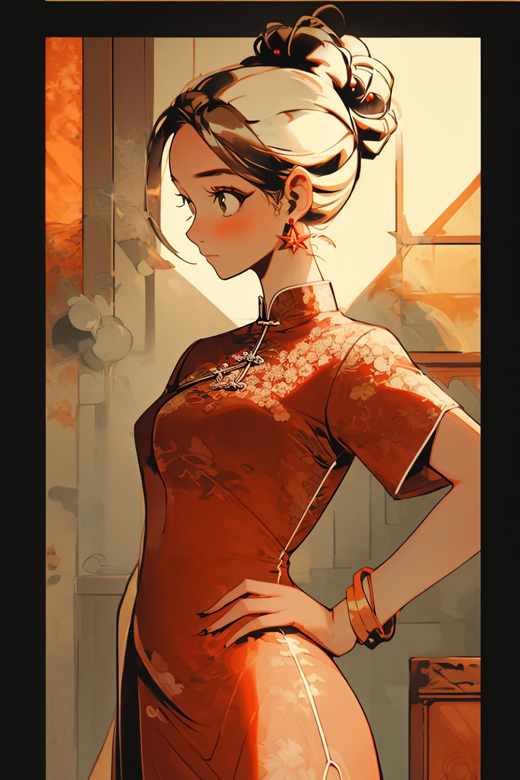 31523-2857557363-1girl, jewelry, chinese clothes, solo, china dress, dress, hand on hip, earrings, hair bun, red dress, short sleeves, blush, sin.png